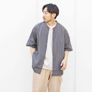 BAND COLLAR CHECK SHIRTS