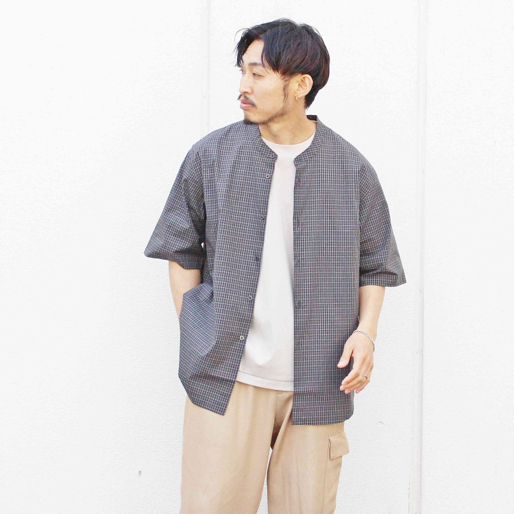 BAND COLLAR CHECK SHIRTS